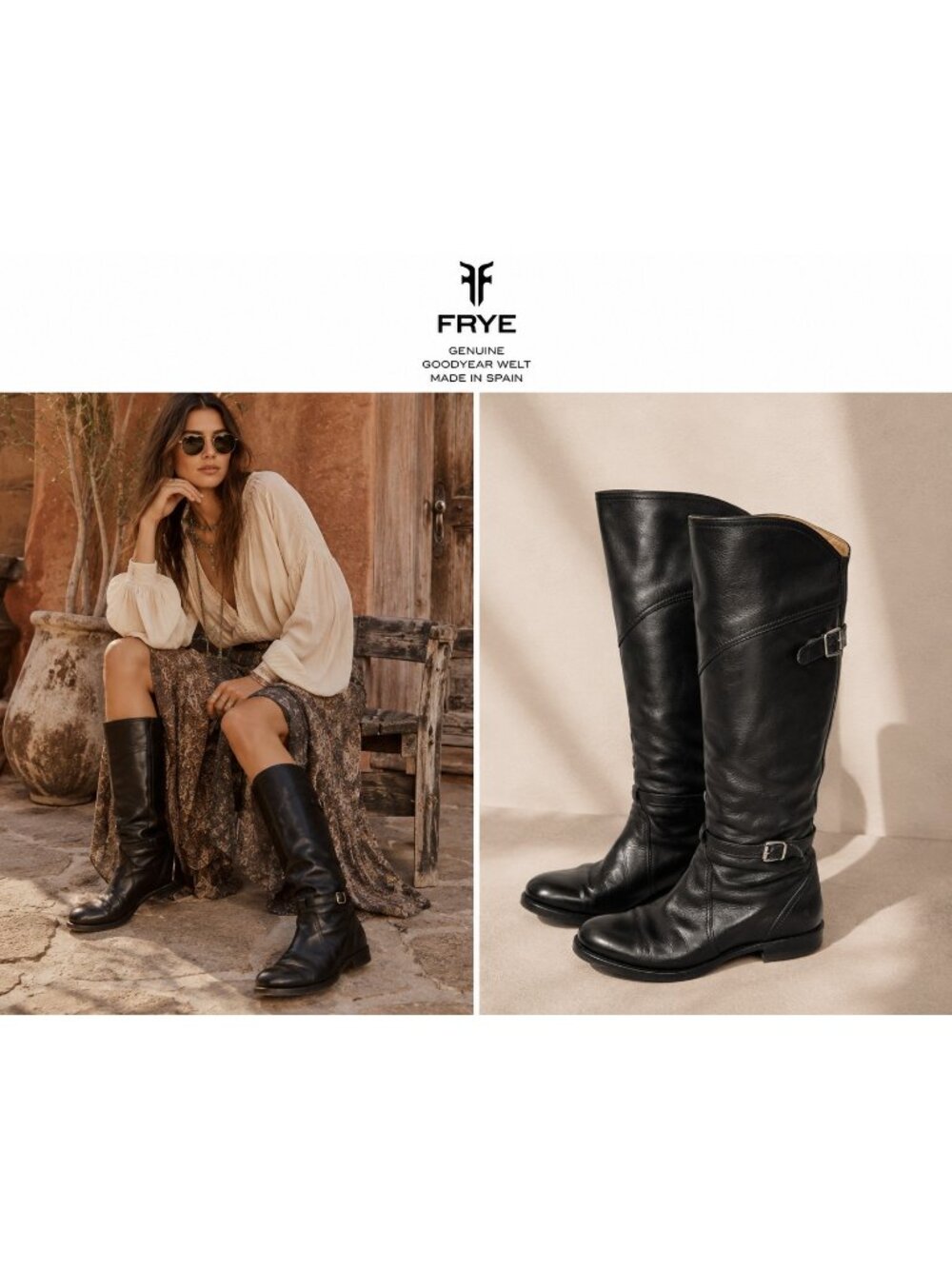 FRYE Black Leather Tall Riding Boots Size 8 Made in Spain Goodyear Welt Buckle